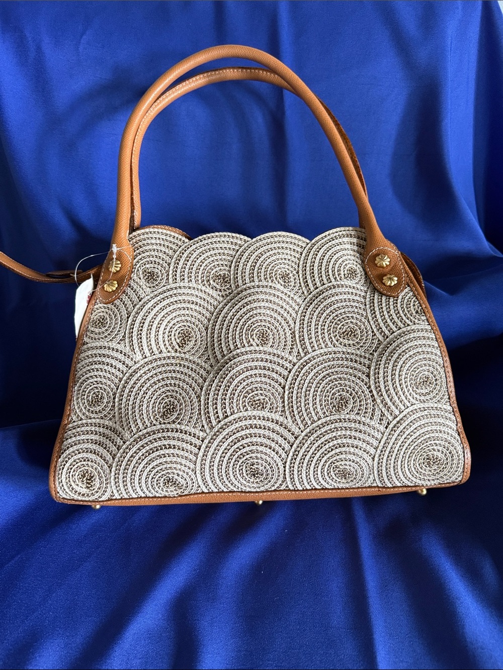 Eric Javits Tan Leather-Trim Scalloped Raffia Tote